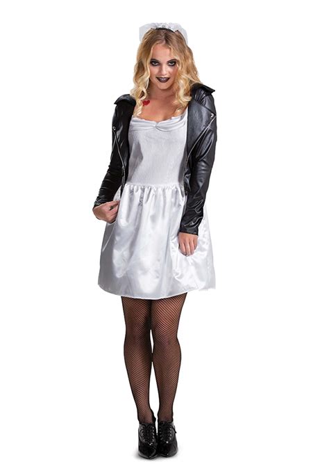 Find your groom in the Adult Bride of Chucky Costume, which is inspired by the 1998 horror movie. Chucky's new bride, Tiffany, costume will transform you into the toy doll that came to life! The Bride of Chucky costume includes a black leather style jacket with buckle detailing and a zip fastening running down the front and a white bridal dress ... 